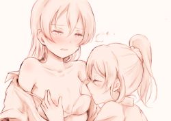 Rule 34 | 10s, 2girls, absurdres, ayase eli, blush, bra, grabbing another&#039;s breast, breast sucking, breasts, grabbing, highres, lilylion26, love live!, love live! school idol project, monochrome, multiple girls, nipples, open clothes, open mouth, school uniform, scrunchie, small breasts, sonoda umi, underwear, yuri