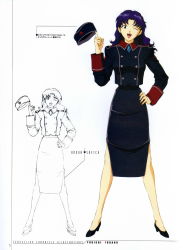 Rule 34 | 1girl, blue eyes, blue hair, concept art, earrings, fukano youichi, hand on own hip, hat, high heels, highres, jewelry, katsuragi misato, long hair, long legs, looking at viewer, matching hair/eyes, military, military uniform, multiple views, neon genesis evangelion, non-web source, one eye closed, open mouth, simple background, smile, standing, uniform, white background
