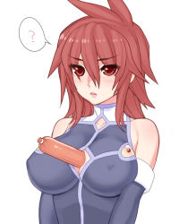 Rule 34 | 00s, 1girl, bare shoulders, between breasts, blush, breasts, folks (nabokof), food, frown, gender request, genderswap, kratos aurion, large breasts, open mouth, red eyes, red hair, sausage, short hair, solo, tales of (series), tales of symphonia