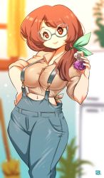Rule 34 | 1girl, breasts, brown eyes, brown hair, cleavage, clenched hands, collared shirt, creatures (company), curvy, eyelashes, female focus, galar mother, game freak, glasses, hair ornament, hand on own hip, hand up, happy, highres, holding, kenron toqueen, large breasts, legs together, long hair, looking at viewer, matching hair/eyes, mature female, midriff, mother (pokemon), navel, neck, nintendo, outdoors, overalls, pokemon, pokemon swsh, potion (pokemon), shiny clothes, shirt, short sleeves, side bangs, side ponytail, sidelocks, skin tight, smile, standing, tied shirt