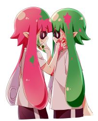 Rule 34 | 2girls, eye contact, green eyes, green hair, hand on another&#039;s cheek, hand on another&#039;s face, highres, ink, ink on face, inkling, inkling girl, inkling player character, looking at another, mask, multiple girls, namori, nintendo, open mouth, pink hair, red eyes, shirt, simple background, splatoon (series), splatoon 1, t-shirt, tentacle hair, white background, white shirt, yuri