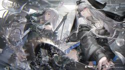 Rule 34 | 2girls, arknights, black gloves, braid, bubble, chainsaw, circular saw, gloves, grey hair, hat, highres, jewelry, lal!role, long hair, multiple girls, necklace, official art, red eyes, saw, skadi (arknights), skadi (elite ii) (arknights), specter (arknights), sword, weapon