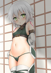 Rule 34 | 1girl, arm belt, arms behind back, bandaged arm, bandages, bare shoulders, black panties, blush, breasts, crop top, facial scar, fate/apocrypha, fate/grand order, fate (series), gloves, green eyes, jack the ripper (fate/apocrypha), looking at viewer, lowleg, lowleg panties, navel, open mouth, panties, scar, scar across eye, scar on cheek, scar on face, shade, short hair, shouji, shoulder tattoo, single glove, sliding doors, small breasts, solo, tattoo, thighhighs, thighs, toshishikisai, underwear, white hair