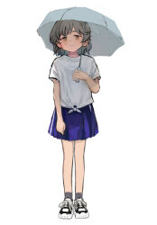 Rule 34 | 1girl, alternate costume, arm at side, asasow, blue skirt, brown eyes, brown hair, closed mouth, colored inner hair, commentary request, full body, grey hair, grey socks, hatoba tsugu, highres, holding, holding umbrella, looking at viewer, medium hair, multicolored hair, shirt, shoes, short sleeves, simple background, single hair ring, skirt, smile, sneakers, socks, solo, standing, tied shirt, tsugu (vtuber), umbrella, virtual youtuber, white background, white shirt