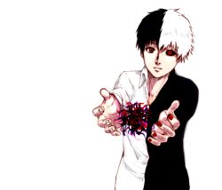 Rule 34 | 10s, 1boy, asymmetrical clothes, bad id, bad pixiv id, black hair, black sclera, blouse, brown eyes, colored sclera, heterochromia, kaneki ken, male focus, mismatched sclera, multicolored hair, nail polish, outstretched arms, red eyes, red nails, shirt, short hair, solo, tokyo ghoul, transformation, white background, white hair, xino