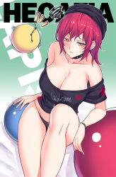 Rule 34 | 1girl, bare arms, bare legs, bare shoulders, black hat, black panties, black shirt, bracelet, breasts, character name, chinese text, choker, cleavage, clothes writing, commentary request, hat, hecatia lapislazuli, jewelry, koissa, large breasts, looking at viewer, no pants, panties, red eyes, red hair, shirt, sitting, solo, squiggle, sweatdrop, t-shirt, touhou, underwear