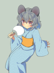 Rule 34 | 1girl, alternate costume, animal ears, blue kimono, brown eyes, closed mouth, grey hair, hand fan, holding, holding fan, japanese clothes, kimono, long sleeves, looking at viewer, mouse ears, nayozane (worker7), nazrin, sash, short hair, simple background, sitting, smile, solo, touhou
