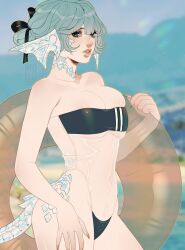 Rule 34 | 1girl, aqua hair, au ra, black ribbon, blue eyes, blurry, blurry background, breasts, cleavage, collarbone, commentary, covered navel, dragon girl, dragon horns, dragon tail, english commentary, final fantasy, final fantasy xiv, from side, gris swimsuit, hair bun, hair ribbon, hand on own hip, haruka (yiiande), holding, horns, innertube, medium breasts, meme attire, one-piece swimsuit, parted lips, ribbon, see-through one-piece swimsuit, see-through swimsuit, single hair bun, swim ring, swimsuit, tail, warrior of light (ff14), yiiande