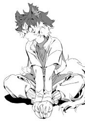 Rule 34 | 1boy, aak (arknights), animal ears, arknights, butterfly sitting, cat boy, cat tail, earrings, full body, furry, furry male, greyscale, hands on own feet, highres, imastupiddocter, jacket, jewelry, looking to the side, male focus, monochrome, multiple earrings, open clothes, open jacket, pants, shirt, short hair, simple background, sitting, sketch, solo, tail, white background