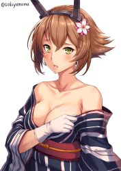 Rule 34 | 10s, 1girl, alternate costume, anchor, anchor earrings, bare shoulders, blush, breasts, brown hair, chain, cleavage, collarbone, covering privates, covering breasts, earrings, eyebrows, gloves, green eyes, hair between eyes, headgear, japanese clothes, jewelry, kantai collection, kimono, large breasts, mutsu (kancolle), obi, open clothes, open kimono, open mouth, sakiyamama, sash, shiny skin, short hair, simple background, solo, twitter username, umbrella, white background, white gloves, wide sleeves, yukata