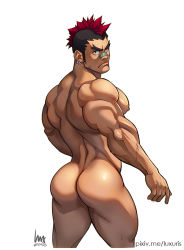 Rule 34 | 1boy, ass, bandaid, bandaid on face, bandaid on nose, bara, black hair, completely nude, cropped legs, dark-skinned male, dark skin, earrings, forked eyebrows, from behind, henry partum, jewelry, kill la kill, kinagase tsumugu, large pectorals, long sideburns, looking at viewer, looking back, male focus, mature male, mohawk, multicolored hair, muscular, muscular male, nipples, nude, paid reward available, pectorals, shiny skin, short hair, sideburns, solo, thighs, two-tone hair