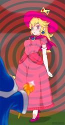 Rule 34 | 1girl, blonde hair, blue eyes, breasts, capelet, crown, door, dress, earrings, elbow gloves, fast-r, frilled dress, frills, gloves, grass, hat, high heels, hypnosis, jewelry, looking at viewer, magic, magikoopa, mario (series), mario kart, mario kart tour, medium breasts, mind control, nintendo, pink dress, princess peach, princess peach (halloween), scepter, solo, witch hat