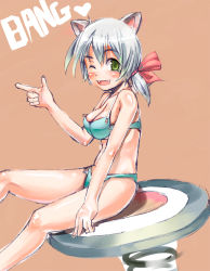 Rule 34 | animal ears, aqua bikini, bikini, cat ears, fang, green eyes, one eye closed, original, pointing, short hair, silver hair, solo, swimsuit, takasaka donten, wink