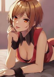 Rule 34 | 1girl, :p, absurdres, black nails, blush, breasts, brown hair, cleavage, crop top, fingernails, highres, indoors, large breasts, long fingernails, looking at viewer, lying, meiko (vocaloid), nail polish, on stomach, red eyes, short hair, solo, swept bangs, tongue, tongue out, vocaloid, wrist cuffs, yen-mi