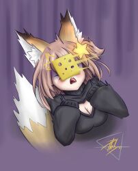 Rule 34 | &gt; &lt;, 1girl, animal ears, annytf, black sweater, breasts, brown hair, cheese, cleavage, cleavage cutout, closed eyes, clothing cutout, food, fox ears, fox girl, fox tail, hair ornament, heart cutout, highres, indie virtual youtuber, long sleeves, medium breasts, meme attire, open-chest sweater, open mouth, phlyo, purple background, simple background, sleeves past fingers, sleeves past wrists, star (symbol), star hair ornament, surprised, sweater, tail, virtual youtuber