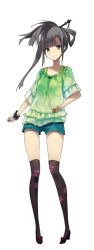Rule 34 | 1girl, artist request, frilled shirt, frills, full body, green shirt, grey hair, hair ornament, marugame (oshiro project), official art, oshiro project:re, oshiro project:re, ponytail, scrunchie, shirt, short shorts, shorts, smile, solo, thighhighs, transparent background, wrist scrunchie, wristband, yellow eyes