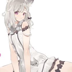 Rule 34 | 1girl, nanashi inc., :3, animal ear fluff, animal ears, animare, blush, braid, closed mouth, cowboy shot, dress, fox ears, highres, jacket, long hair, looking at viewer, name tag, open clothes, open jacket, purple eyes, rippootai, scarf, shiromiya mimi, silver hair, simple background, sitting, sleeveless, smile, solo, thigh strap, virtual youtuber, white background, white dress, white jacket