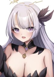 Rule 34 | 1girl, artist request, black feathers, breasts, broken halo, cleavage, feather hair ornament, feathers, grey hair, hair ornament, halo, highres, large breasts, lily (fallen) (princess connect!), long hair, looking at viewer, princess connect!, purple eyes, lily (princess connect!), simple background, solo