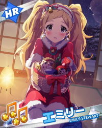Rule 34 | 10s, 1girl, artist request, beamed quavers, blonde hair, blush, card (medium), character name, christmas, earrings, emily stewart, emily stuart, gift, giving, hairband, idolmaster, idolmaster million live!, incoming gift, jewelry, kneeling, lens flare, long hair, looking at viewer, musical note, official art, purple eyes, santa costume, solo, sparkle, twintails