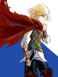 Rule 34 | 1girl, blonde hair, blue background, boots, cloak, eyebrows hidden by hair, highres, holding, looking to the side, neia baraja, overlord (maruyama), pants, shirt, short hair, simple background, solo, uns (sdsxsoverlord), vest, white background, yellow eyes