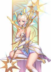 Rule 34 | 1girl, bare shoulders, blonde hair, blue eyes, blue skirt, boots, breasts, cleavage, dress, elbow gloves, elementalist lux, gloves, hairband, high heel boots, high heels, holding, large breasts, league of legends, light smile, looking at viewer, lux (league of legends), oopartz yang, short dress, short hair, sitting, skirt, solo, white dress, white footwear, white gloves