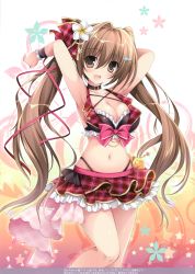 Rule 34 | 1girl, absurdres, armpits, arms up, bikini, bikini skirt, blush, breasts, brown eyes, brown hair, checkered clothes, checkered skirt, cleavage, collar, collarbone, frilled skirt, frills, gradient background, hair ornament, hairclip, highres, long hair, looking at viewer, medium breasts, miniskirt, nanaroba hana, navel, open mouth, original, ribbon, scan, shiny skin, simple background, skirt, sleeveless, solo, stomach, swimsuit, twintails, wrist cuffs