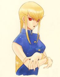 Rule 34 | 1girl, blonde hair, bracelet, breasts, capcom, crossed arms, female focus, gender request, genderswap, jedah dohma, jewelry, lipstick, makeup, midnight bliss, nail polish, nanase aoi, red eyes, red lips, sleeveless, solo, vampire (game)
