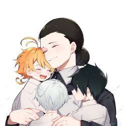 Rule 34 | 2boys, 2girls, :d, ahoge, apron, artist name, black eyes, black hair, blush, chu starrkgk, closed mouth, collar, commentary, dress, emma (yakusoku no neverland), closed eyes, eyes visible through hair, from behind, hair bun, hair over one eye, happy, highres, hug, isabella (yakusoku no neverland), laughing, long sleeves, looking at another, mother and son, multiple boys, multiple girls, neck tattoo, norman (yakusoku no neverland), number tattoo, open mouth, orange hair, ray (yakusoku no neverland), shirt, short hair, simple background, single hair bun, smile, tattoo, teeth, tongue, uniform, white background, white hair, white shirt, yakusoku no neverland