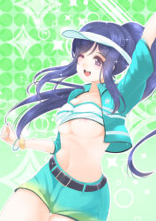Rule 34 | 10s, 1girl, areola slip, arm up, belt, blue hair, blush, breasts, cleavage, frapowa, hat, large breasts, long hair, love live!, love live! school idol festival, love live! sunshine!!, matsuura kanan, midriff, navel, no bra, one eye closed, open mouth, ponytail, purple eyes, shorts, smile, solo, sparkle, sparkle background, underboob