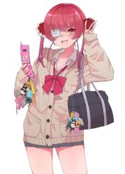 Rule 34 | 1girl, alternate costume, bag, cellphone, eyepatch, fang, flip phone, goten (510gensoku), highres, holding, holding phone, hololive, houshou marine, charm (object), one eye covered, open mouth, phone, red eyes, red hair, school bag, school uniform, solo, v, virtual youtuber, white background