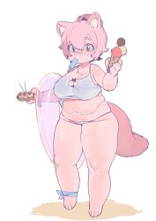 Rule 34 | 1girl, animal ear fluff, animal ears, animal hands, barefoot, bracelet, breasts, character request, chest tuft, cleavage, closed mouth, commentary, copyright request, dot nose, food, full body, furry, furry female, green eyes, holding, holding swim ring, ice cream, ice cream cone, ierotak, innertube, jewelry, large breasts, looking at viewer, medium hair, navel, pink fur, pink hair, pink tail, plump, popsicle, simple background, solo, standing, swim ring, symbol-only commentary, takoyaki, tareme, thick thighs, thighs, white background