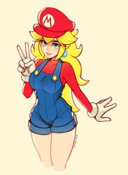 Rule 34 | 1girl, alternate costume, artist name, blonde hair, blue eyes, blue overalls, blush, breasts, buttons, cabbie hat, clothes writing, cosplay, covered collarbone, cowboy shot, cropped legs, earrings, female focus, gloves, hair flaps, hand up, happy, hat, highres, jewelry, long hair, long sleeves, looking at viewer, mario, mario (cosplay), mario (series), medium breasts, nintendo, overall shorts, overalls, oxcoxa, parted bangs, parted lips, princess peach, red hat, red shirt, shirt, sidelocks, signature, simple background, smile, solo, sphere earrings, standing, teeth, thighs, v, white gloves, yellow background