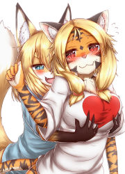 Rule 34 | 2girls, :3, animal ears, animal nose, blonde hair, blush, breasts, brown fur, closed mouth, fang, fang out, flying sweatdrops, fox ears, fox girl, fox tail, furry, furry female, furry with furry, grabbing, grabbing another&#039;s breast, grabbing from behind, groping, highres, horokusa (korai), large breasts, medium hair, multiple girls, open mouth, orange fur, original, shirt, short sleeves, simple background, smile, tail, tiger ears, tiger girl, tiger tail, white background, white fur, white shirt, yuri