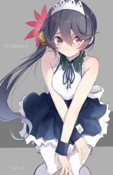 Rule 34 | 10s, 1girl, akebono (kancolle), alternate costume, bare shoulders, bell, blush, character name, crossed arms, dress, enmaided, flower, frills, hair bell, hair between eyes, hair flower, hair ornament, highres, jingle bell, kantai collection, knees together feet apart, long hair, looking at viewer, maid, maid headdress, purple eyes, purple hair, side ponytail, signature, sleeveless, solo, tebi (tbd11), very long hair, white legwear, wrist cuffs