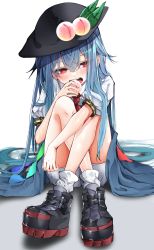 Rule 34 | 1girl, absurdres, black footwear, black hat, bloomers, blouse, blue hair, blue skirt, blush, collared shirt, food, fruit, hair between eyes, hat, highres, hinanawi tenshi, holding, holding food, holding fruit, long hair, open mouth, peach, pink eyes, puffy short sleeves, puffy sleeves, rainbow gradient, shirt, shoes, short sleeves, skirt, solo, teeth, touhou, tsune (tune), underwear, upper teeth only, white bloomers, white legwear, white shirt