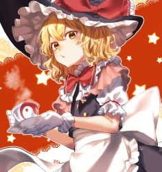 Rule 34 | 1girl, adapted costume, apron, artist name, back bow, black hat, black vest, blonde hair, blouse, blush, bow, bowtie, crossed bangs, cup, dutch angle, frilled hat, frilled shirt collar, frills, gloves, hat, hat bow, highres, holding, holding cup, holding saucer, jill 07km, kirisame marisa, looking at viewer, parted lips, plate, popped collar, puffy short sleeves, puffy sleeves, red background, red bow, red bowtie, saucer, shirt, short hair, short sleeves, solo, star (symbol), steam, teacup, touhou, upper body, vest, wavy hair, white background, white bow, white gloves, white shirt, witch hat, yellow eyes, yin yang