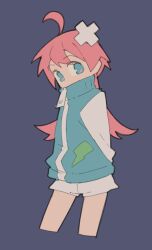 Rule 34 | 1girl, absurdres, ahoge, aiobahn, arms behind back, bandaid, bandaid on head, blue eyes, blue jacket, covered mouth, cowboy shot, cropped legs, crossed bandaids, high collar, highres, jacket, lightning bolt print, long hair, long sleeves, looking at viewer, pink hair, shimazaki1152, shorts, simple background, solo, white shorts, zipper