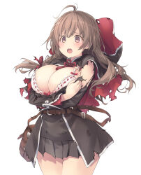 Rule 34 | 1girl, ahoge, black skirt, blush, bra, braid, breasts, brown hair, capelet, cleavage, covering breasts, covering privates, hair ribbon, highres, hood, hood down, kantai collection, large breasts, long hair, long sleeves, messy hair, open mouth, pleated skirt, red ribbon, ribbon, sakana (flame sakana), shinshuu maru (kancolle), simple background, single braid, skirt, solo, sweat, torn clothes, underwear, white background, white bra