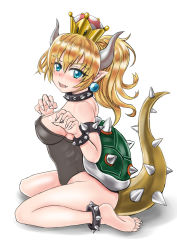 Rule 34 | 1girl, absurdres, armlet, bare shoulders, barefoot, black leotard, blonde hair, blue eyes, blush, bowsette, bracelet, breasts, claw pose, cleavage, collar, commentary, crown, earrings, fingernails, frown, full body, highleg, highleg leotard, highres, horns, jewelry, legs, leotard, long hair, looking at viewer, mario (series), medium breasts, new super mario bros. u deluxe, nintendo, obvious statement, open mouth, pointy ears, ponytail, shadow, sharp fingernails, sharp teeth, sharp toenails, shinshuku saegi, simple background, sitting, solo, spiked anklet, spiked armlet, spiked bracelet, spiked collar, spiked shell, spiked tail, spikes, strapless, strapless leotard, super crown, tail, teeth, toenails, wariza, white background