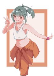 Rule 34 | 1girl, :d, absurdres, bow, brown eyes, cowboy shot, green hair, hair bow, highres, kantai collection, looking at viewer, midriff, navel, open mouth, ponytail, shirt, smile, solo, tank top, uut, v, white bow, white shirt, yuubari (kancolle), yuubari kai ni (kancolle)