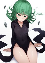 Rule 34 | 1girl, black dress, breasts, covered navel, curly hair, dress, english text, green eyes, grey hair, highres, mikoscrub, one-punch man, open mouth, pelvic curtain, short hair, simple background, sitting, small breasts, solo, tatsumaki, thighs, white background