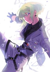 Rule 34 | belt, collared shirt, earrings, formal, glass shards, gloves, half gloves, highres, jacket, jewelry, lio fotia, looking at viewer, male focus, pants, promare, purple eyes, shirt, suit, white background, yagita (astronomie)