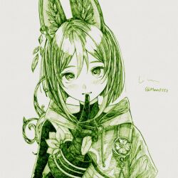 Rule 34 | 1boy, animal ear fluff, animal ears, earrings, finger to mouth, flower, fox boy, fox ears, genshin impact, gloves, green theme, highres, hood, hood down, index finger raised, jewelry, looking at viewer, male focus, man015s, medal, monochrome, multicolored hair, simple background, single earring, solo, tighnari (genshin impact), traditional media, twitter username, upper body