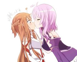 Rule 34 | !?, 2girls, armor, asuna (sao), back, braid, breastplate, breasts, brown eyes, closed eyes, commentary, english commentary, french braid, from side, grabbing another&#039;s hair, kiss, large breasts, light brown hair, light purple hair, long hair, multiple girls, short hair with long locks, simple background, strea (sao), surprise kiss, surprised, sword art online, sword art online: infinity moment, white background, yuri