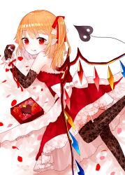 Rule 34 | 1girl, :p, alternate costume, armpit peek, bare shoulders, black thighhighs, blonde hair, bow, box, candy, chocolate, chocolate heart, crystal, dress, elbow gloves, feet out of frame, flandre scarlet, flower, food, frilled skirt, frills, gloves, gradient background, hair ribbon, heart, holding, holding chocolate, holding food, lace, lace gloves, lace legwear, laevatein (tail), leg lift, looking at viewer, looking back, lying, no headwear, on stomach, over-kneehighs, petals, petticoat, pink background, pink flower, pink rose, pointy ears, red dress, red eyes, red flower, red ribbon, red rose, ribbon, rose, sakizaki saki-p, side ponytail, skirt, solo, strapless, strapless dress, tail, thigh gap, thighhighs, tongue, tongue out, touhou, twitter username, valentine, white background, white bow, wings, wrist cuffs