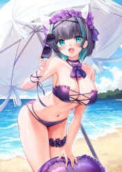 Rule 34 | 1girl, :d, animal ears, aqua eyes, aqua hair, azur lane, bare arms, bare legs, bare shoulders, beach, between breasts, bikini, black-framed eyewear, black hair, blue sky, blush, breasts, bridal garter, cat ears, cheshire (azur lane), cheshire (summery date!) (azur lane), choker, cleavage, commentary request, cowboy shot, cross-laced clothes, cross-laced top, dangle earrings, day, earrings, fake animal ears, fang, flower, frilled bikini, frilled bikini top, frilled garter, frills, hair flower, hair ornament, hair ribbon, headband, highres, holding, holding removed eyewear, innertube, jewelry, large breasts, leaning, looking at viewer, medium hair, multicolored hair, navel, ocean, official alternate costume, open mouth, outdoors, purple bikini, purple choker, purple garter, purple ribbon, ribbon, sidelocks, silveroid, skin fang, skindentation, sky, smile, solo, sparkle, standing, strapless, streaked hair, sunglasses, swim ring, swimsuit, thighs, two-tone hair, umbrella, unworn eyewear, wrist ribbon