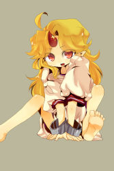 Rule 34 | 1girl, absurdres, ahoge, barefoot, blonde hair, child, feet, female focus, highres, horns, hoshiguma yuugi, long hair, open mouth, oversized clothes, pointy ears, rarorimiore, red eyes, short sleeves, single horn, sitting, soles, solo, toes, touhou, aged down