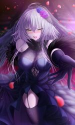 Rule 34 | 1girl, bare shoulders, black dress, black thighhighs, blush, breasts, dress, fate/grand order, fate (series), feather boa, grey hair, highres, jeanne d&#039;arc alter (avenger) (fate), jeanne d&#039;arc alter (fate), large breasts, long hair, open mouth, penguintake, revision, solo, thighhighs, thighs, very long hair, yellow eyes
