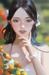 Rule 34 | 1girl, absurdres, black hair, blurry, blurry background, blush, bracelet, earrings, finger to cheek, flower, grey eyes, hair ribbon, highres, jewelry, lips, long hair, looking at viewer, monable, necklace, original, outdoors, parted bangs, parted lips, realistic, ribbon, ring, sleeveless, smile, solo, straight-on, upper body