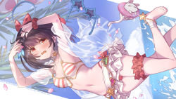 Rule 34 | 1girl, animal ears, anklet, bare shoulders, barefoot, bikini, black hair, breasts, bridal garter, cherry blossoms, choker, cleavage, cloud, fake animal ears, fanbox username, flower, foot out of frame, granblue fantasy, hair flower, hair ornament, hairband, hands on own face, highres, innertube, jacket, jewelry, looking at viewer, miniskirt, mismatched bikini, mouse (animal), navel, open mouth, petals, red eyes, scrunchie, see-through, see-through jacket, shading eyes, short hair, sideways, skirt, small breasts, smile, solo, star-shaped eyewear, star (symbol), striped bikini, striped clothes, sunglasses, swim ring, swimsuit, tearing up, tears, twitter username, unworn eyewear, unworn hairband, vikala (blooming summer wallflower) (granblue fantasy), vikala (granblue fantasy), water, wavy mouth, white skirt, wrist scrunchie, yellowpaint.